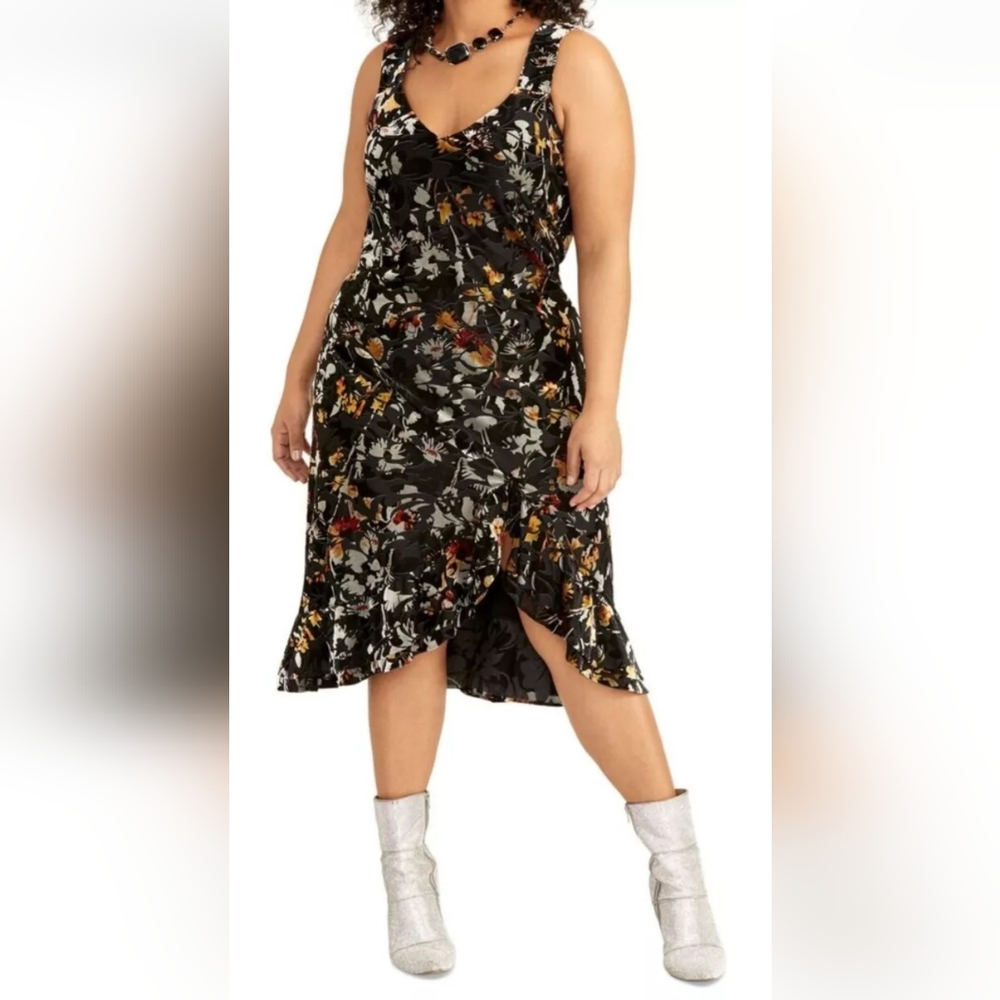 Whimsigoth Retro Coquette Floral Burnout Velvet Ruffle Swinger Party Dress Sz 1X